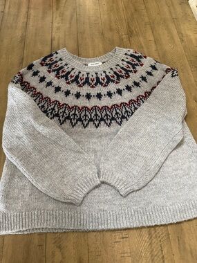 Old Navy Light Gray Fair Isle Sweater with Navy & Red Yoke
